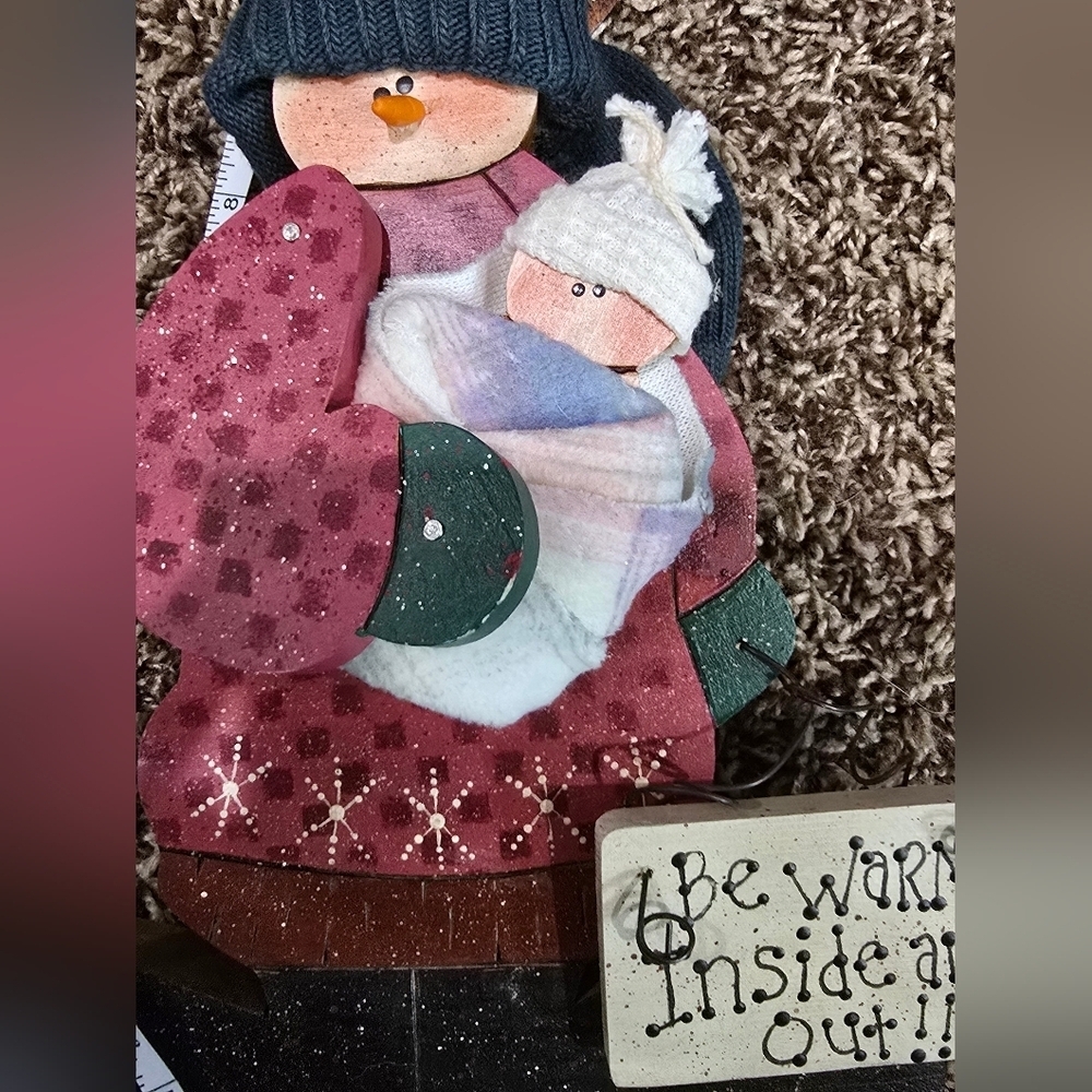 Wooden Holiday Person Snowman Holding Baby 10" Warm Inside And Out - Picture 4 of 4
